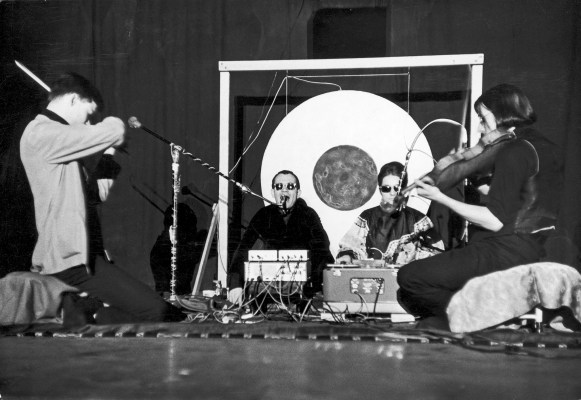 The Theater of Eternal Music (also known as the Dream Syndicate) perform in a private loft, New York, New York, December 12, 1965. From left, American musician Tony Conrad, musician and composer La Monte Young, visual artist and musician Marion Zazeela, and Welsh musician John Cale. (Photo by Fred W. McDarrah/Getty Images)