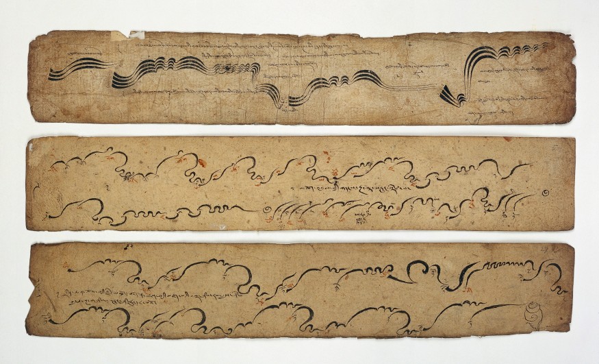 L0032693 Tibetan MS 42, leaves from a musical score Credit: Wellcome Library, London. Wellcome Images images@wellcome.ac.uk http://wellcomeimages.org Three leaves from a Tibetan musical score used in Buddhist monastic ritual with the notation for voice, drums, trumpets, horns and cymbals. Published: - Copyrighted work available under Creative Commons Attribution only licence CC BY 4.0 http://creativecommons.org/licenses/by/4.0/