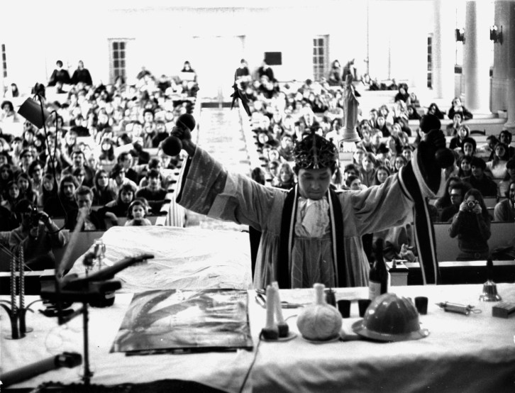 Susan Ryan, Yoshi Wada officiating a Flux-Mass, Feb. 19,1970, Voorhees Chapel, Douglass College, New Brunswick NJ